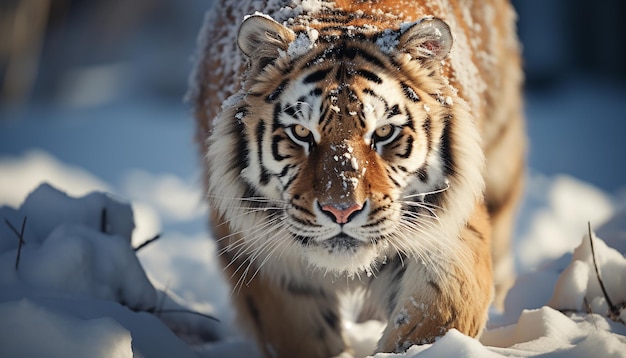 Maestosa tigre del Bengala che cammina nella neve fissando con occhi tranquilli generati dall'intelligenza artificiale