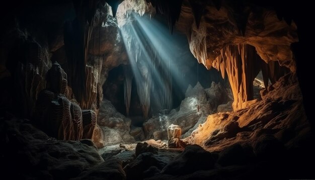 Maestose stalattiti e stalagmiti nella grotta sotterranea AI generativa