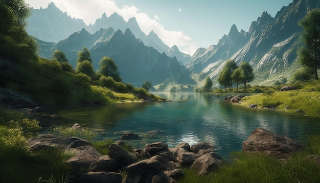 Maestose vette montuose riflesse nelle tranquille acque di un laghetto generate dall'intelligenza artificiale