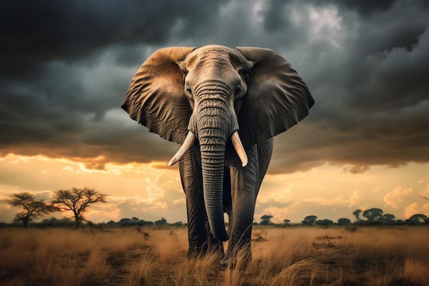 maestoso elefante nella pianura al tramonto con le nuvole immagine generata dall'AI