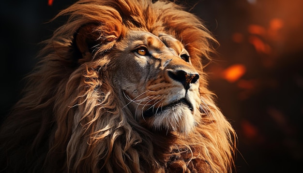 Maestoso leone selvaggio e selvaggio che fissa con una bellezza pericolosa generata dall'intelligenza artificiale