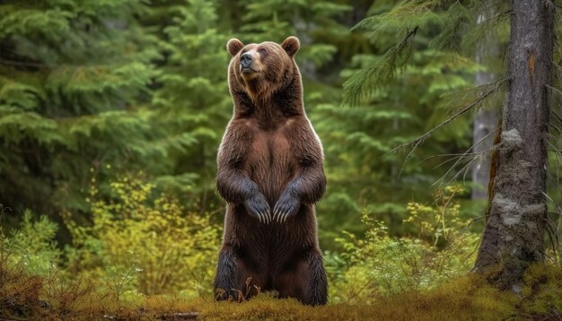 Maestoso panda seduto su un ramo dall'aspetto carino generato dall'intelligenza artificiale