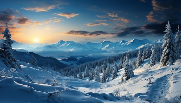 Maestoso picco di montagna coperto di neve foresta tranquillo paesaggio invernale generato dall'AI