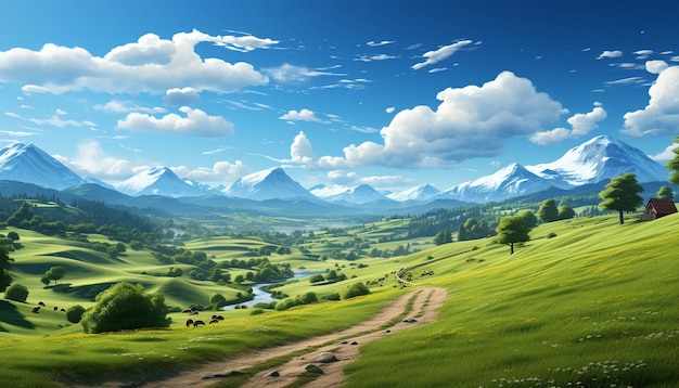 Maestoso picco di montagna prato verde scena tranquilla cielo blu generato dall'intelligenza artificiale