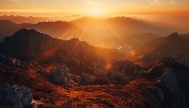 Maestoso picco di montagna retroilluminato dal tramonto generato dall'intelligenza artificiale