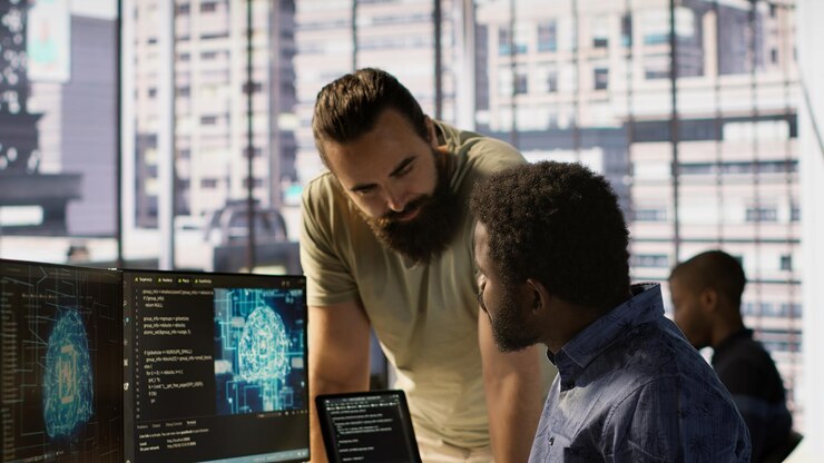 Foto gratuito manager che viene a controllare i progressi fatti dal programmatore che crea l'ia