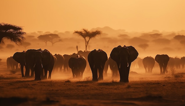 Mandria di elefanti africani al pascolo all'alba nella savana generata dall'intelligenza artificiale