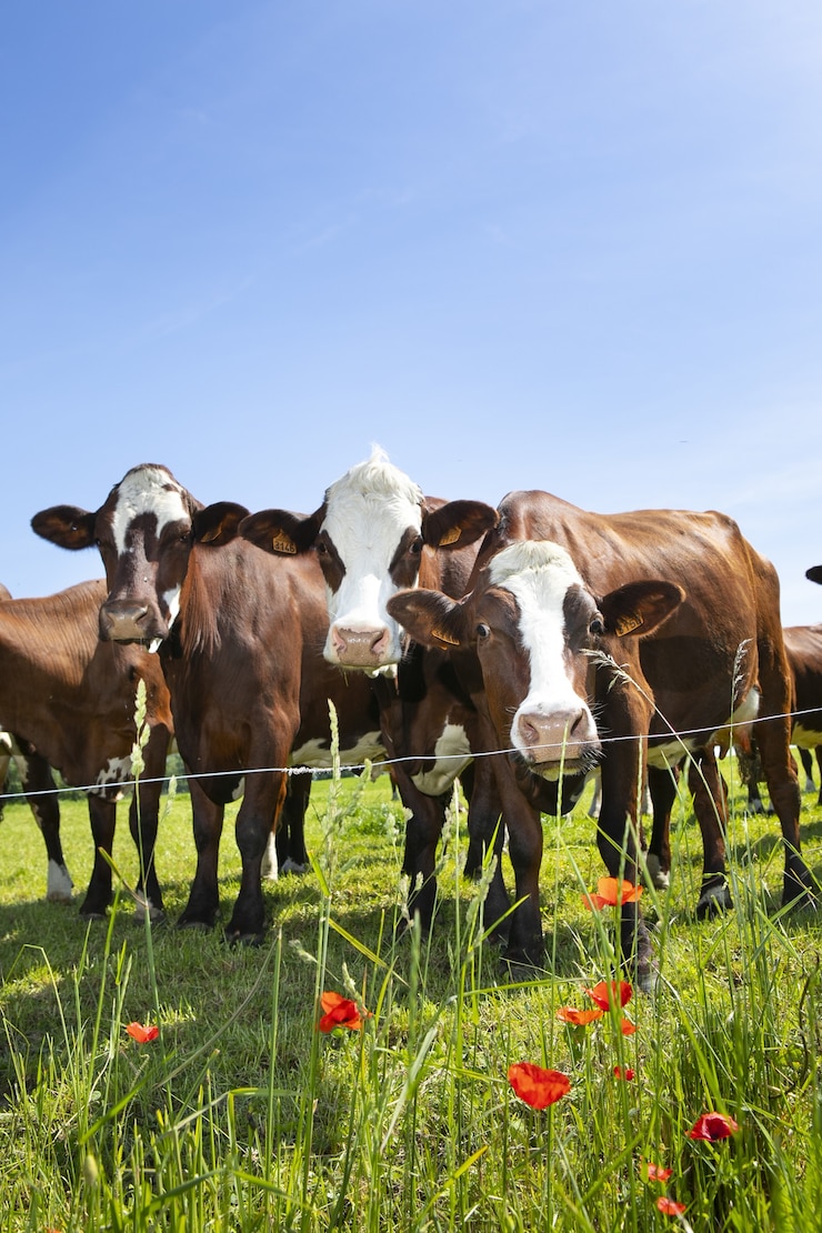 Foto gratuito mandria di mucche che producono latte per il formaggio groviera in francia in primavera