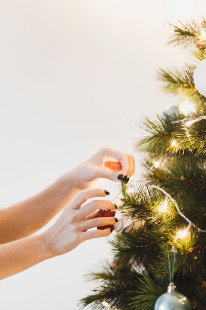 Mani che decorano l&#39;albero di Natale illuminato