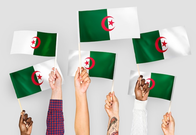 Mani che sventolano le bandiere dell&#39;Algeria