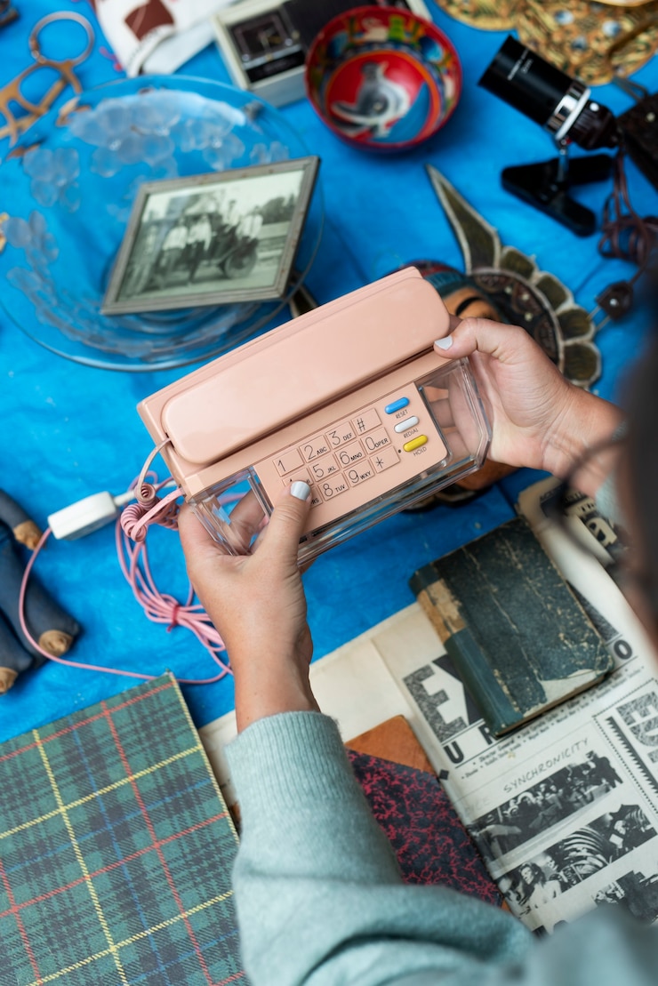 Foto gratuito mani che tengono il telefono al mercato dell'usato
