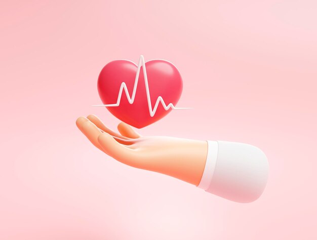 Mani che tengono la famiglia dell'onda del battito cardiaco del cuore rosso e il concetto di assistenza sanitaria su sfondo bianco 3d'illustrazione