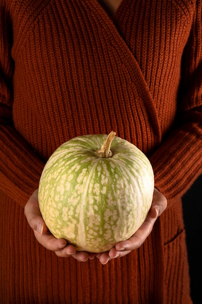 Mani che tengono una zucca verde