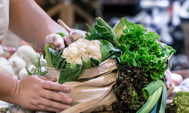 Mani della donna che tengono broccoli organici maturi freschi, insalata con verdure e verdure in sacchetto di cotone al mercato del contadino del fine settimana