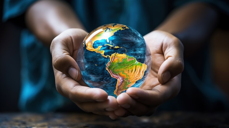 Foto gratuito mani fotorealistiche che tengono il pianeta terra