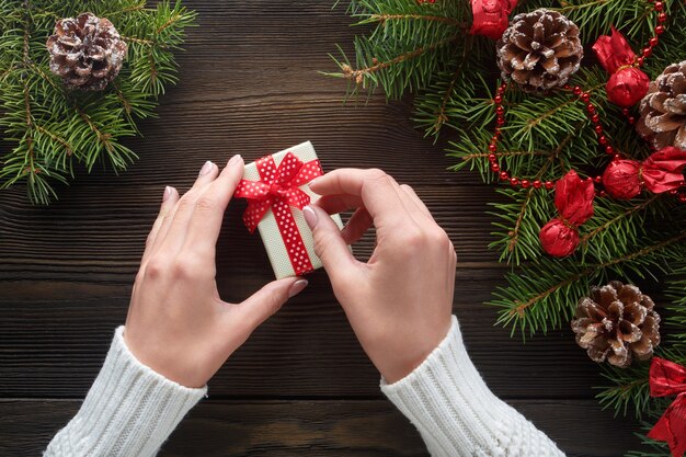 Mani in possesso di un contenitore di regalo bianco con pino intorno