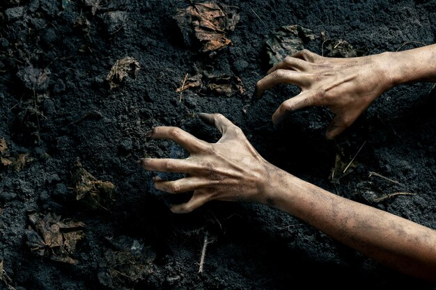 Mani spaventose di zombie a terra