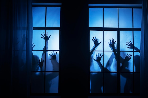 Mani spettrali di zombie su una finestra