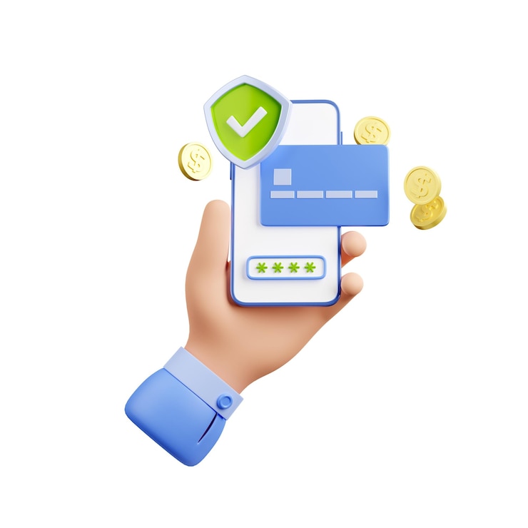 Foto gratuito mano 3d utilizzando l'app di online banking sullo smartphone