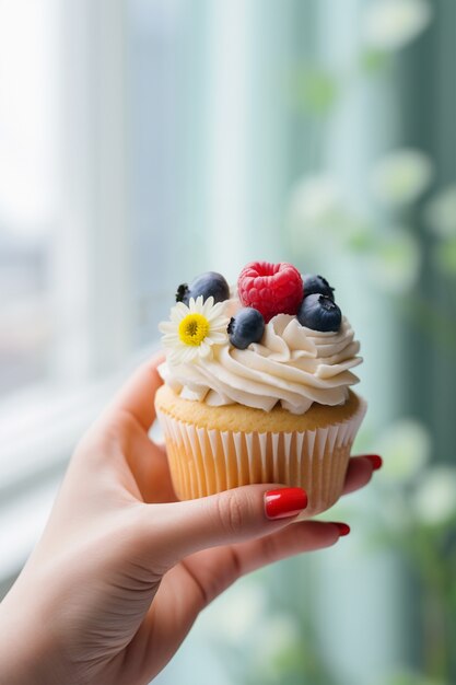 Mano che tiene delizioso cupcake con frutti di bosco