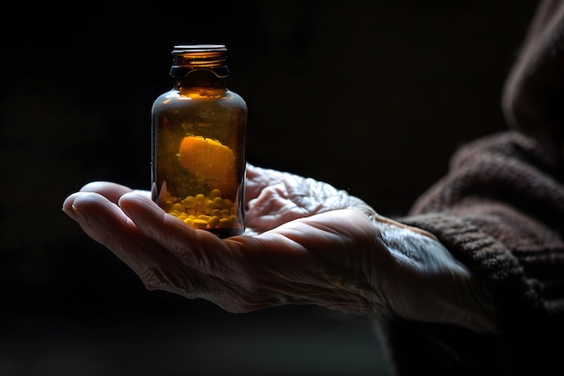 Mano con la medicina in stile scuro