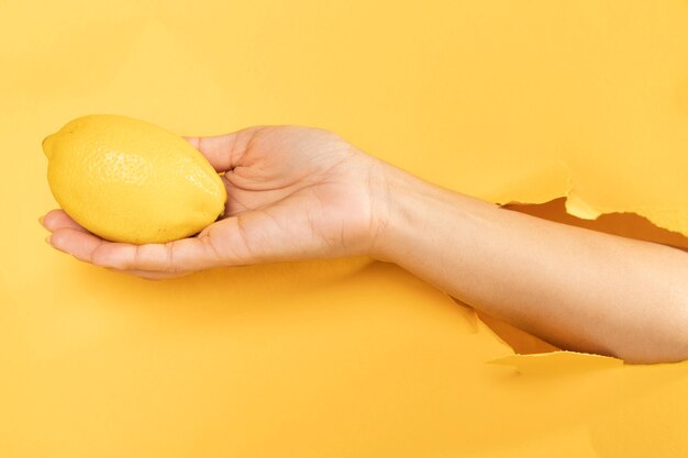 Mano del primo piano che tiene limone organico