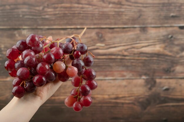 Mano della donna che tiene il grappolo di uva rossa sulla tavola di legno.