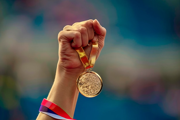 mano di una donna che solleva una medaglia d'oro olimpica in segno di vittoria