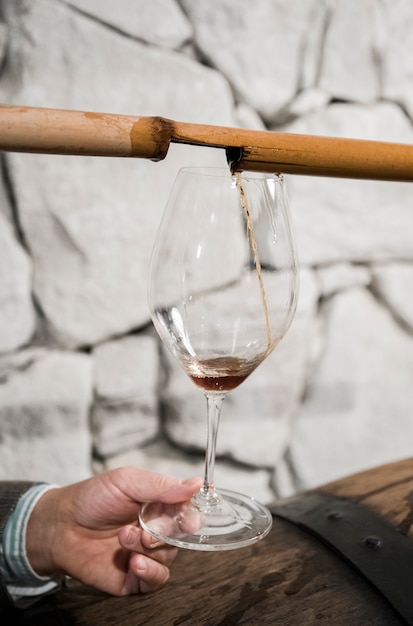Mano di vista laterale che tiene il bicchiere di vino