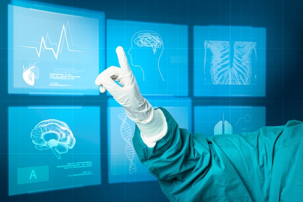 Mano nel guanto medico che punta alla tecnologia medica dello schermo virtuale