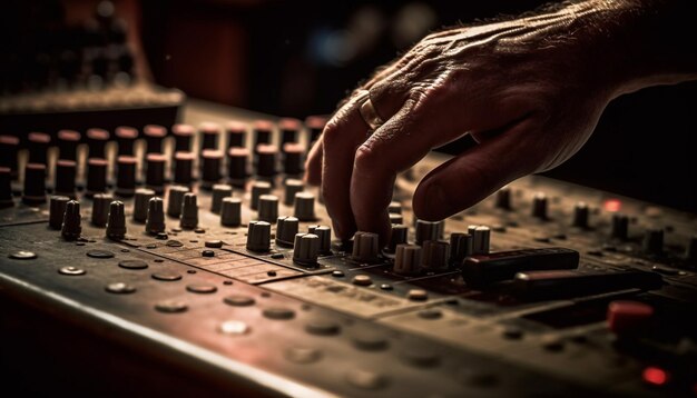 Manopola scorrevole manuale sul mixer nella performance in discoteca generata dall'intelligenza artificiale