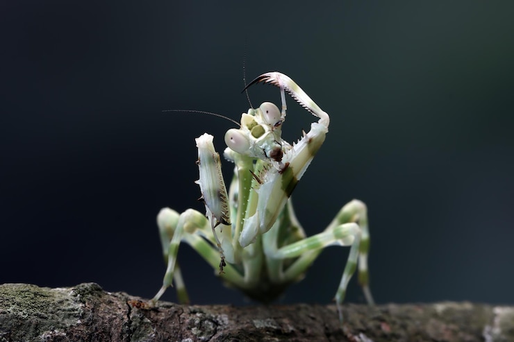 Foto gratuito mantide fiore fasciata sul primo piano dell'insetto fiore rosso