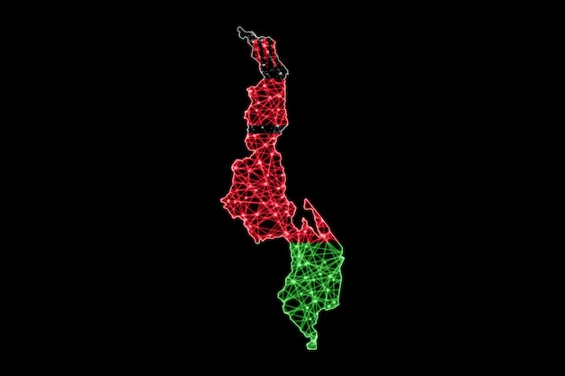 Mappa del Malawi, mappa della linea di maglia poligonale, mappa della bandiera