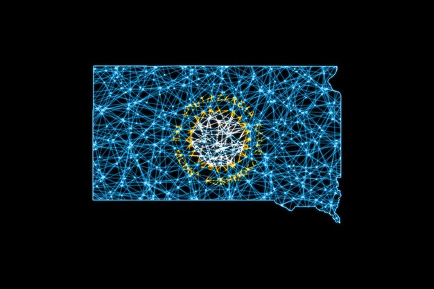 Mappa del South Dakota, mappa della linea di maglia poligonale, mappa della bandiera