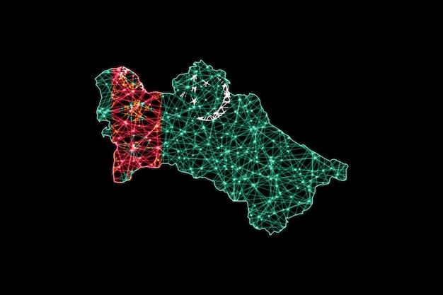 Mappa del Turkmenistan, mappa della linea di maglia poligonale, mappa della bandiera