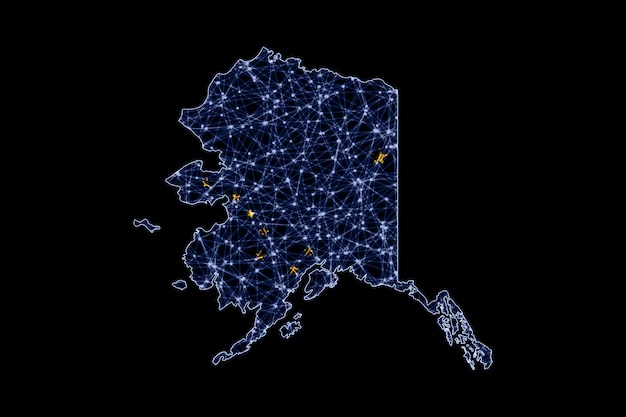 Mappa dell'Alaska, mappa della linea di maglia poligonale, mappa della bandiera