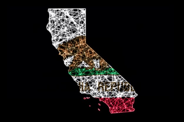 Mappa della California, mappa della linea di maglia poligonale, mappa della bandiera