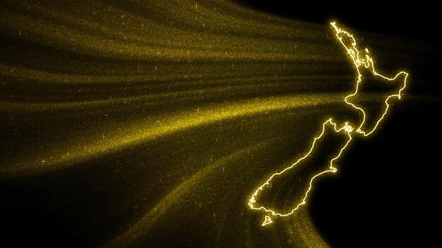 Mappa della Nuova Zelanda, mappa glitter oro su sfondo scuro