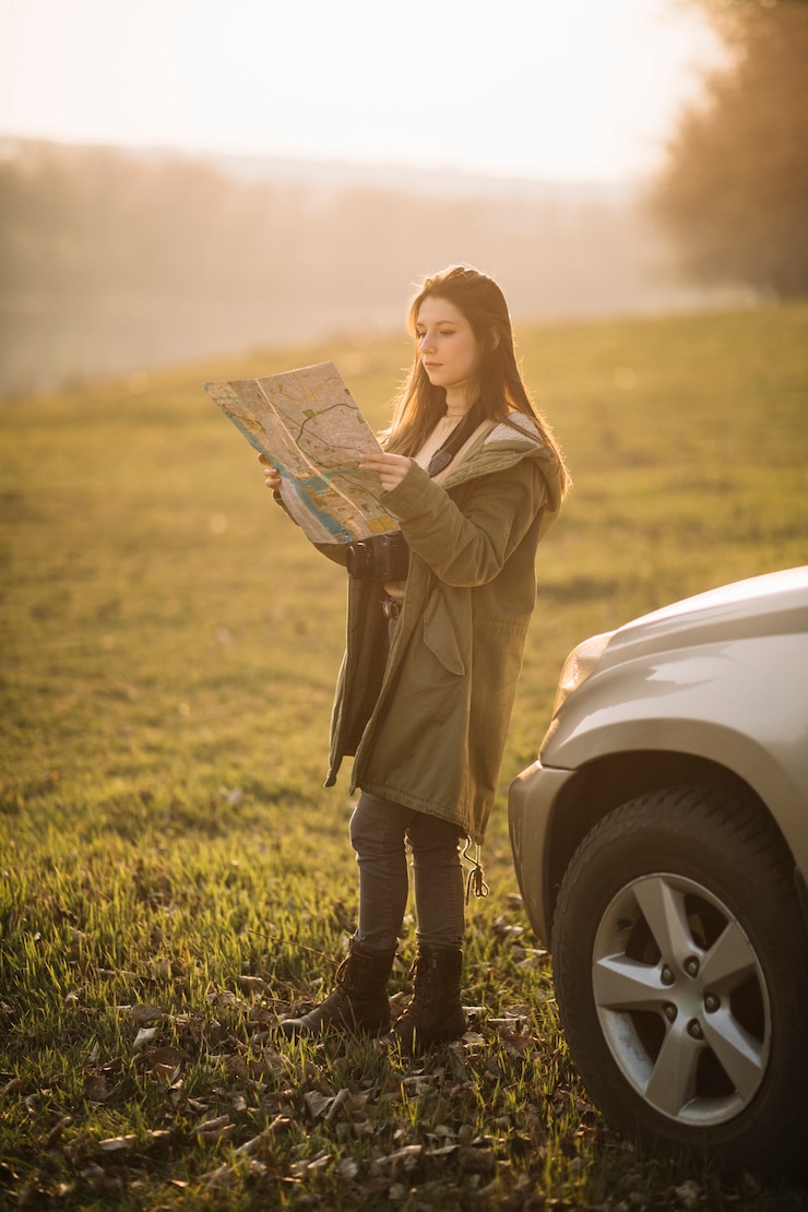 Foto gratuito mappa della tenuta della donna della foto a figura intera