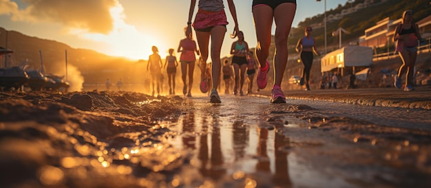 Maratona corsa di persone che corrono sulla spiaggia al bellissimo tramonto