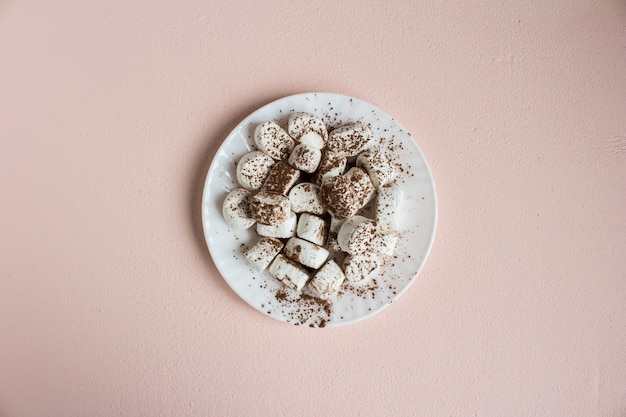 Marshmallows spolverato con cacao sul piatto bianco