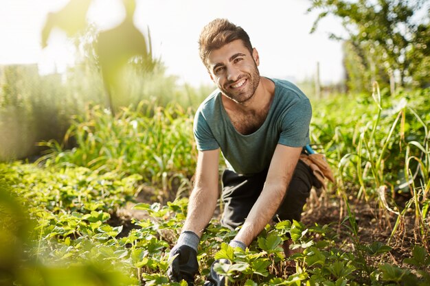 Mattina rurale. Chiuda in su di bello agricoltore maschio caucasico barbuto in maglietta blu e pantaloni neri sorridente, lavorando in fattoria, raccolta del raccolto, facendo il lavoro preferito.