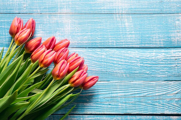 Mazzo dei tulipani rosa su una vista superiore del fondo di legno blu