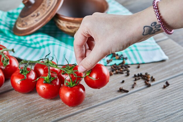 Mazzo di pomodori con ramo e donna che tiene un pomodoro sulla tavola di legno