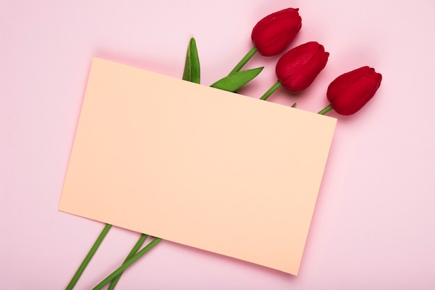 Mazzo rosso dei tulipani con la cartolina d'auguri