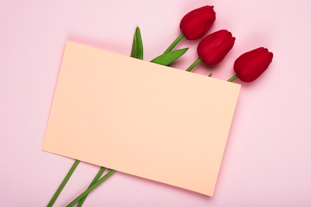 Mazzo rosso dei tulipani con la cartolina d'auguri