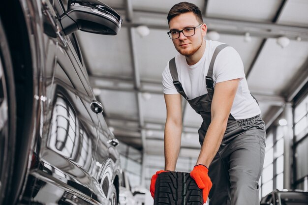 Meccanico che cambia le gomme in un servizio di auto