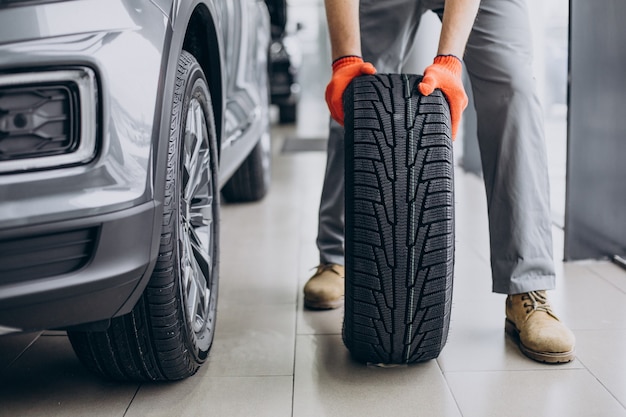 Meccanico che cambia le gomme in un servizio di auto