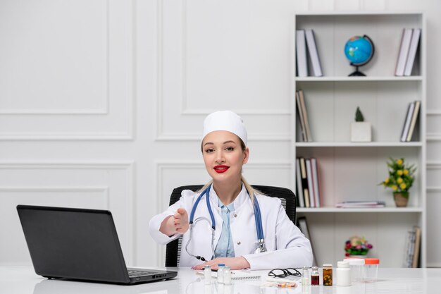 Medico biondo giovane medico in camice bianco e cappello con il computer che dà stretta di mano