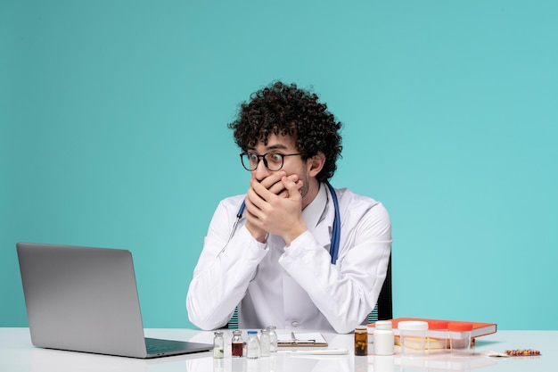 Medico carino bello medico che lavora al computer a distanza in camice da laboratorio scioccato che copre la bocca